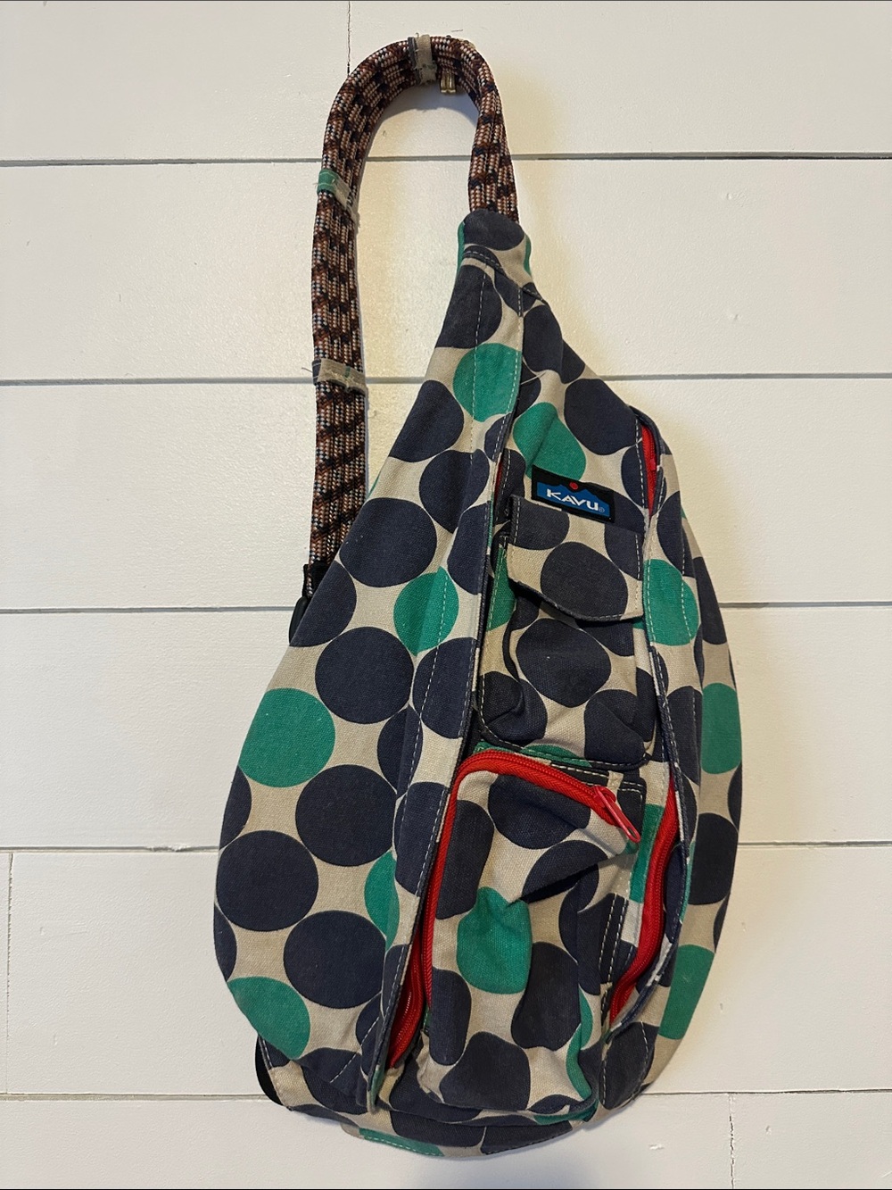 Kavu Polka Dot Rope Sling Bag - Navy, Green & Light Grey